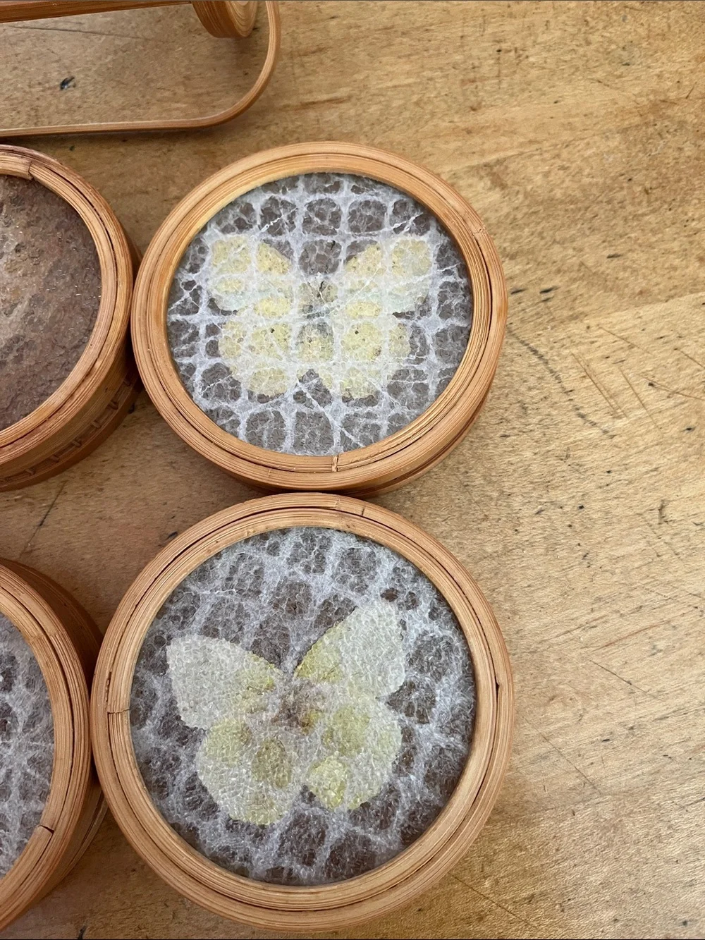 Vintage 1960s Retro Bamboo Butterfly Coaster Set six
